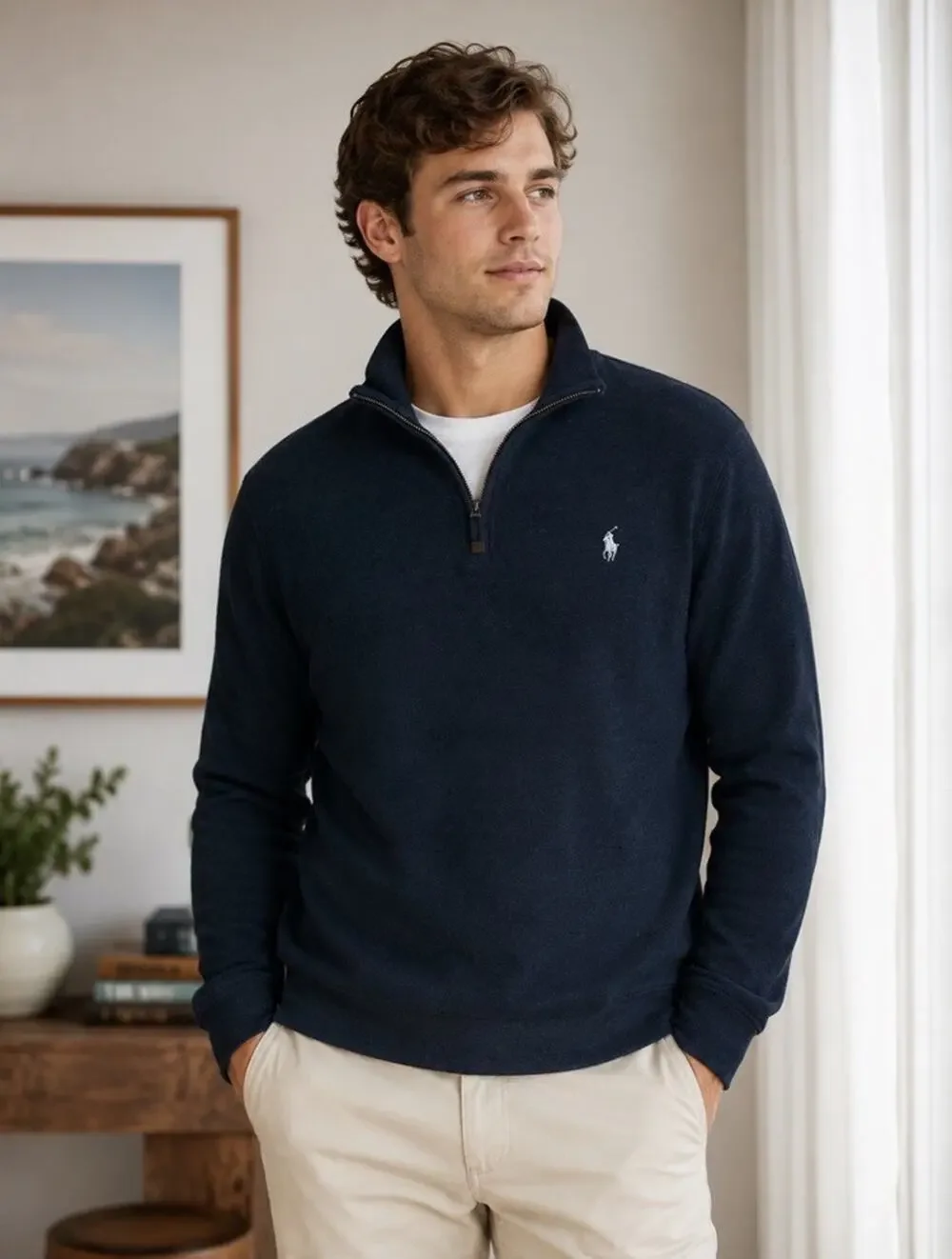 Polo Ralph Lauren Men's Quarter Zip Sweater Size L Gray Preppy 100% Cotton
